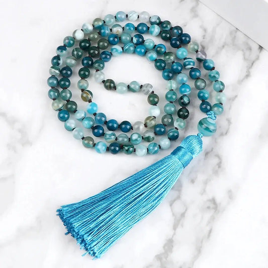 Blue Agate Mala – Hand - Knotted with Silk Tassel - Serenity Factory