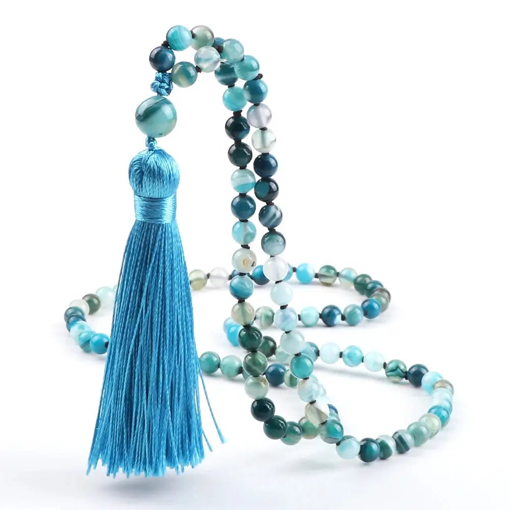 Blue Agate Mala – Hand - Knotted with Silk Tassel - Serenity Factory