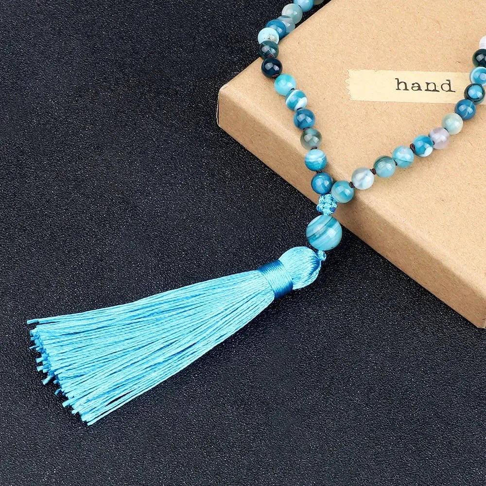 Blue Agate Mala – Hand - Knotted with Silk Tassel - Serenity Factory