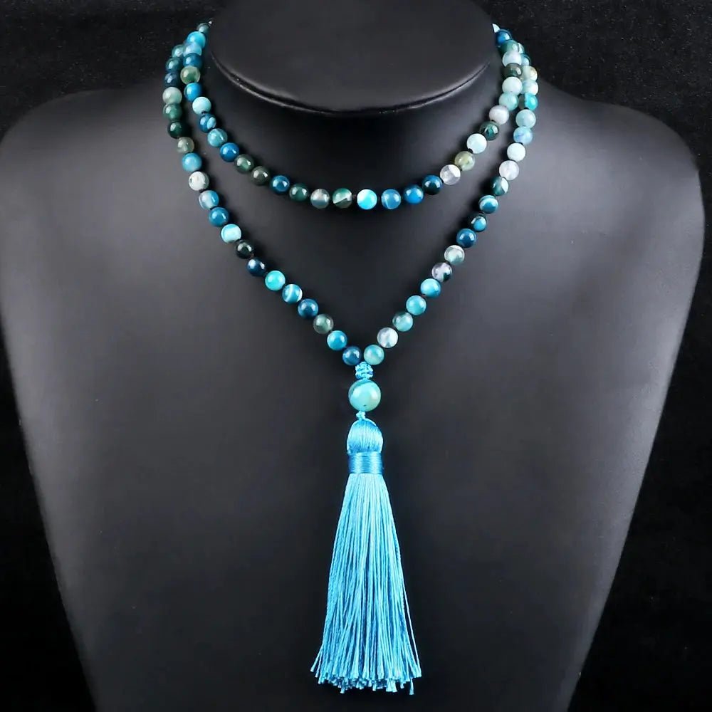 Blue Agate Mala – Hand - Knotted with Silk Tassel - Serenity Factory