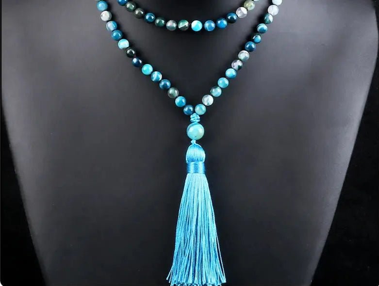 Blue Agate Mala – Hand - Knotted with Silk Tassel - Serenity Factory