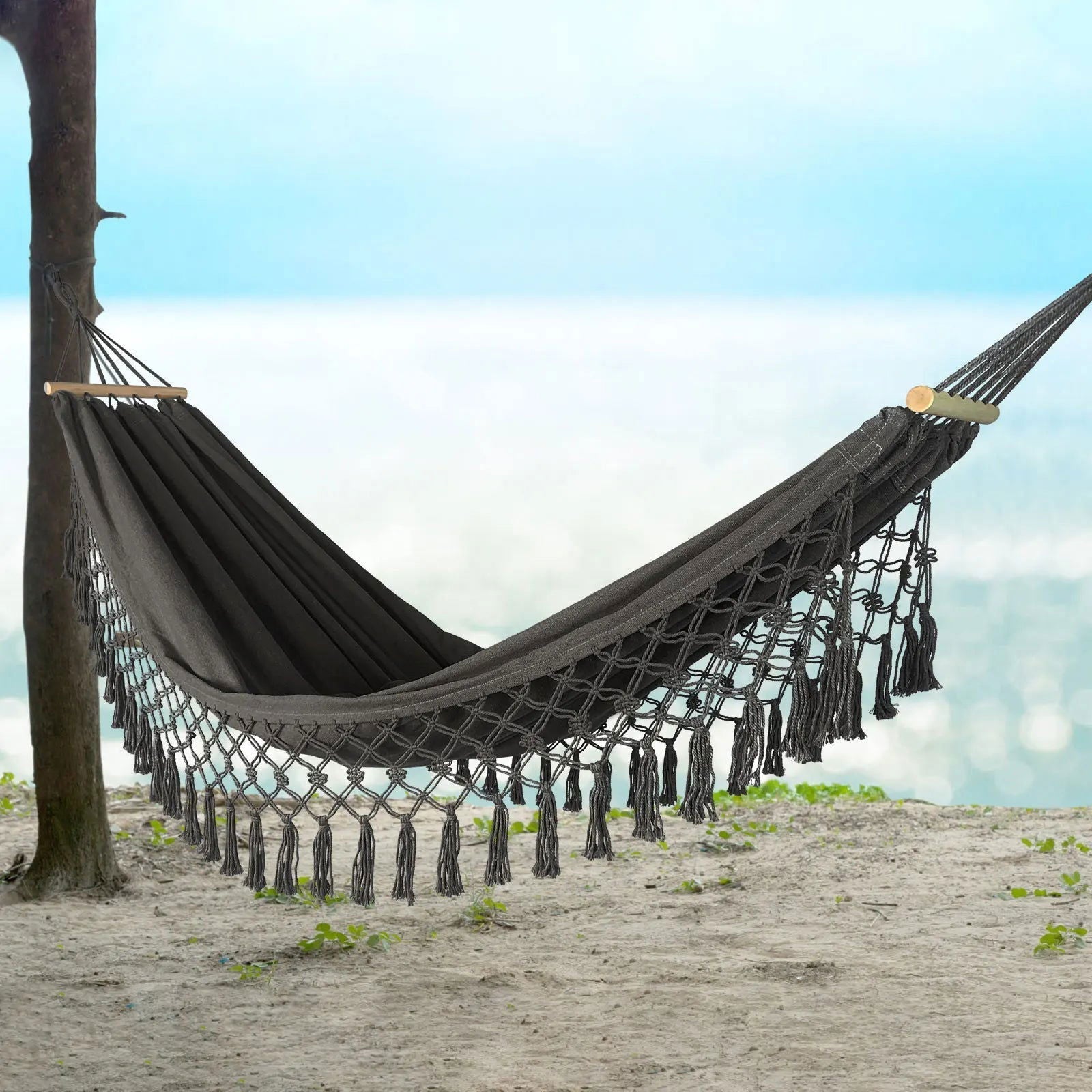 Gold, Turquoise, Grey Double Hammock ~ Macramé ~ Wood Bars - Serenity Factory