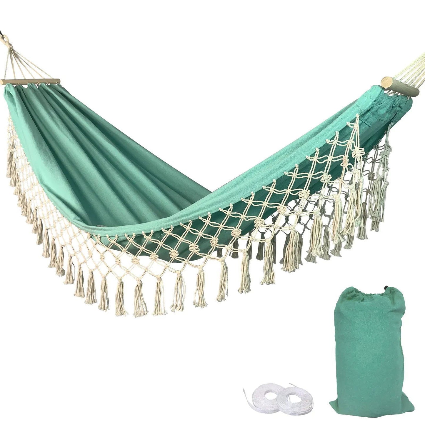 Gold, Turquoise, Grey Double Hammock ~ Macramé ~ Wood Bars - Serenity Factory