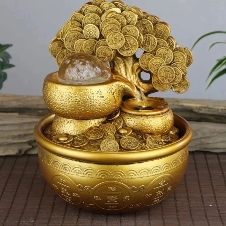 Luxurious Prosperity Gold Fountain with Feng Shui design for serenity and abundance.