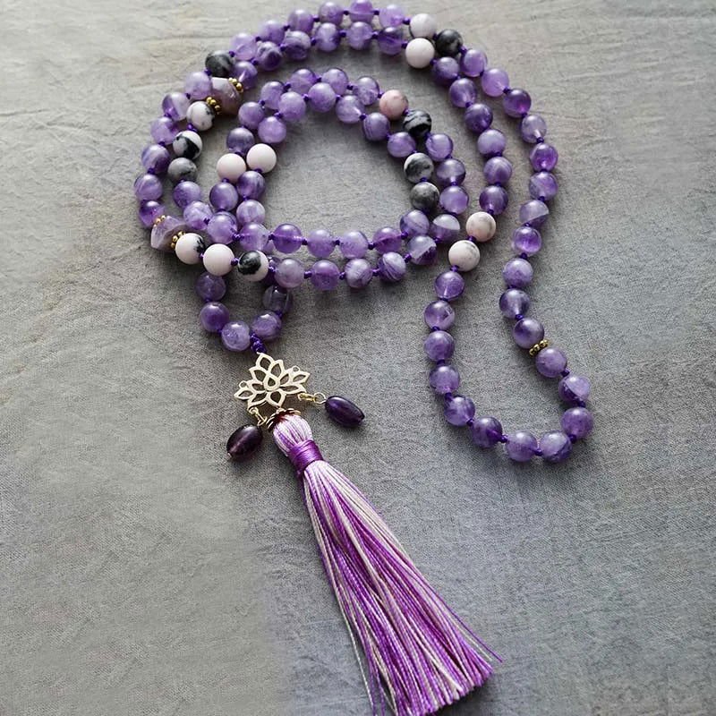 Mala 108 - Bead Amethyst & Jasper Mala Necklace with Lotus Charm - Anxiety relief - Serenity Factory