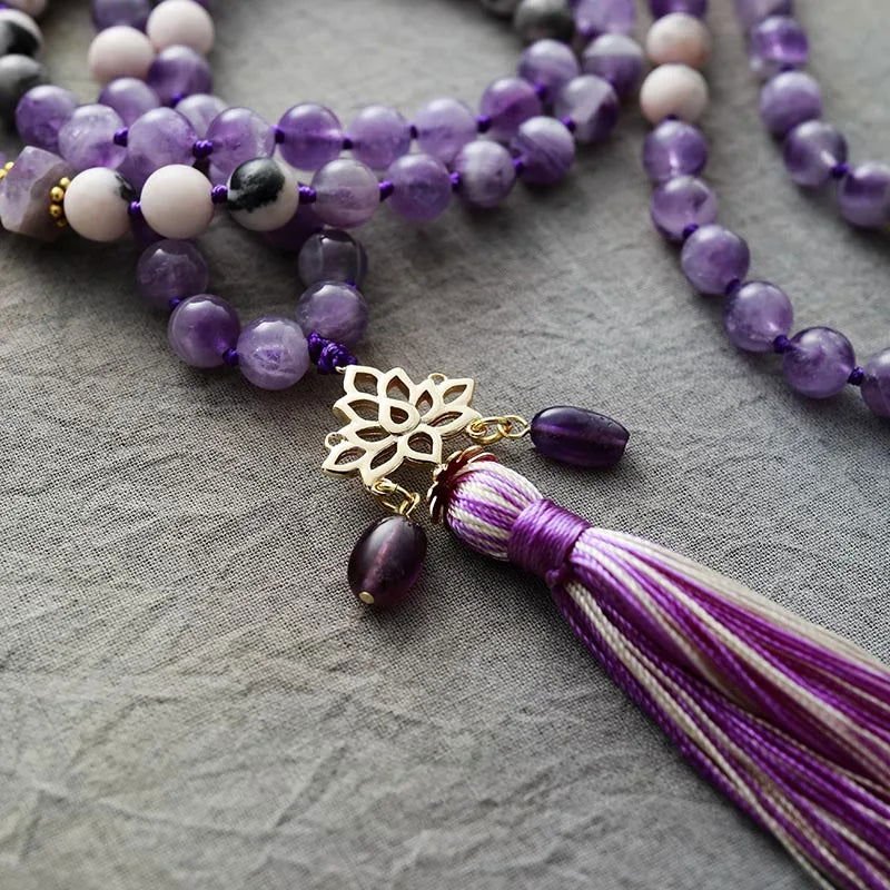 Mala 108 - Bead Amethyst & Jasper Mala Necklace with Lotus Charm - Anxiety relief - Serenity Factory