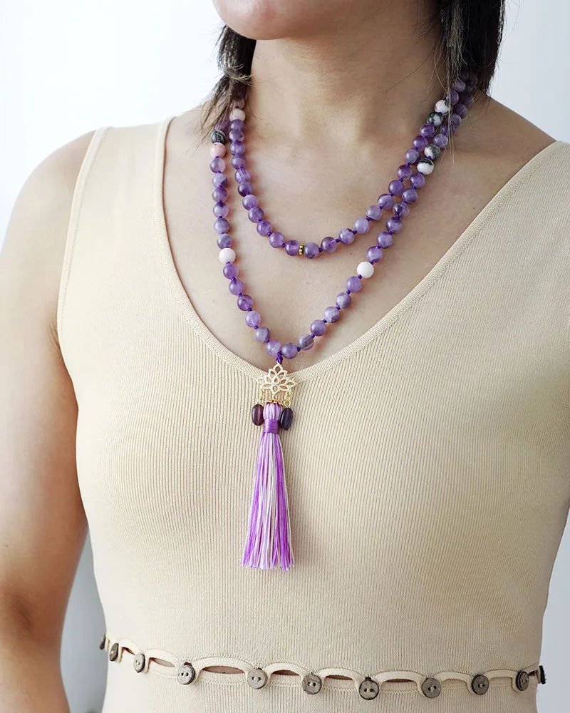 Mala 108 - Bead Amethyst & Jasper Mala Necklace with Lotus Charm - Anxiety relief - Serenity Factory