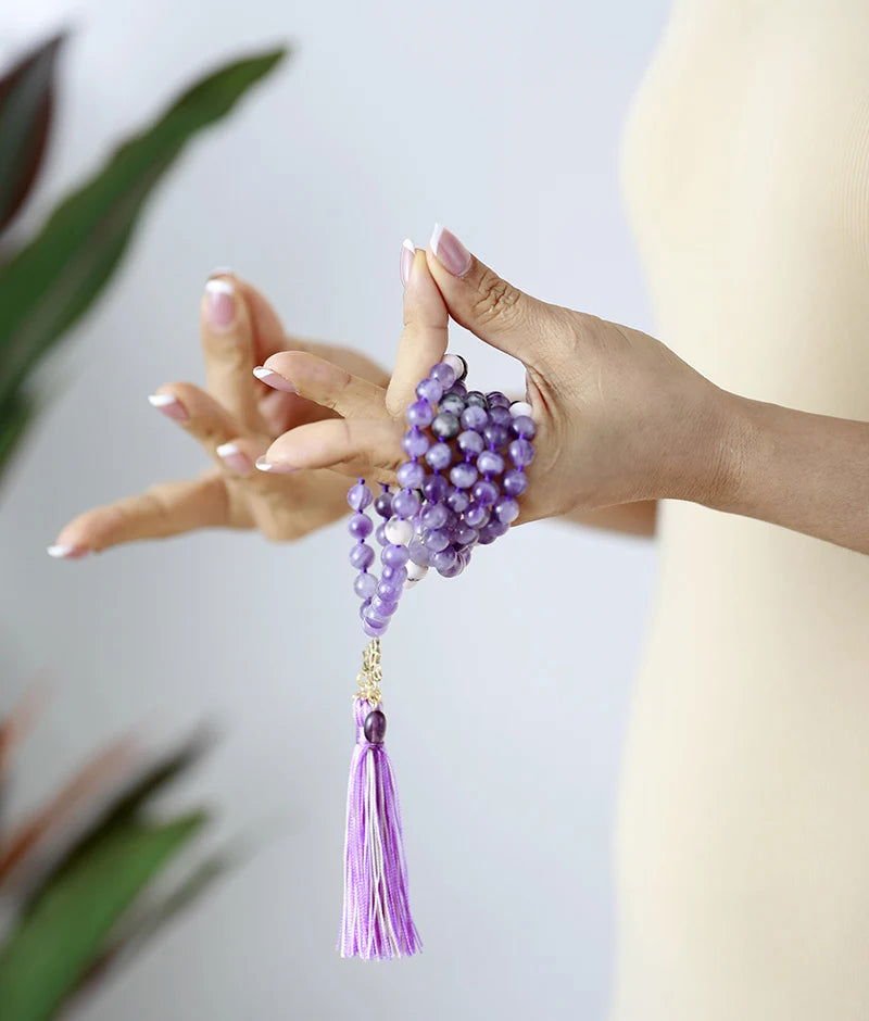 Mala 108 - Bead Amethyst & Jasper Mala Necklace with Lotus Charm - Anxiety relief - Serenity Factory