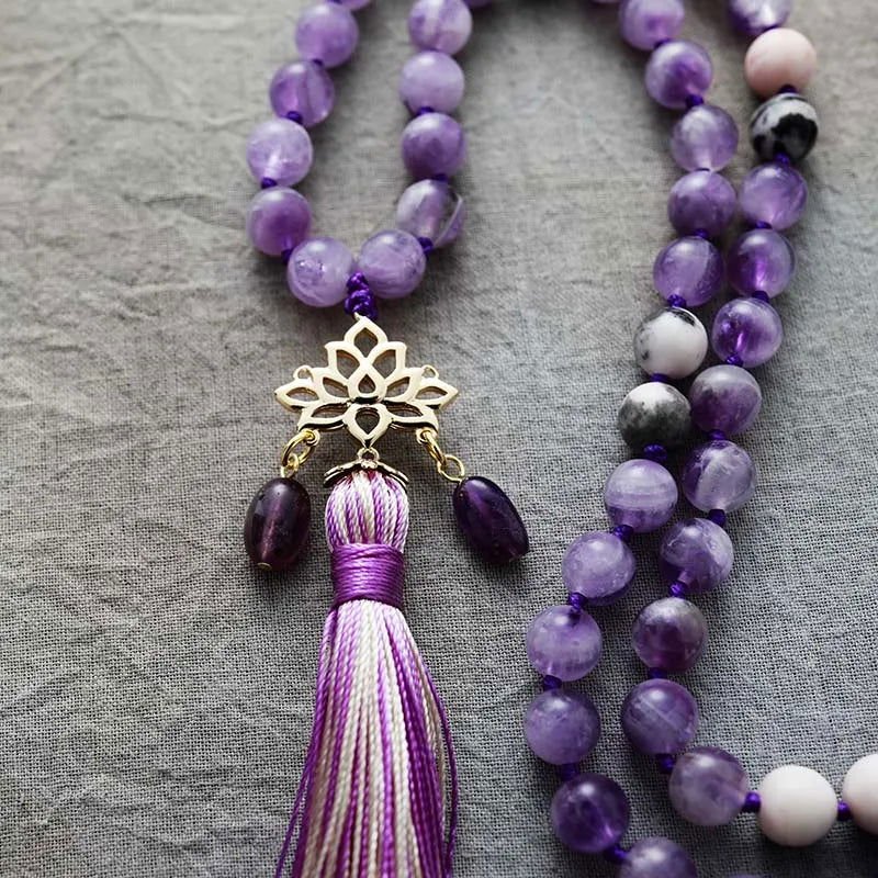 Mala 108 - Bead Amethyst & Jasper Mala Necklace with Lotus Charm - Anxiety relief - Serenity Factory