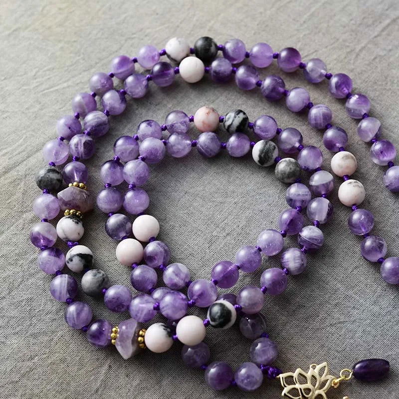 Mala 108 - Bead Amethyst & Jasper Mala Necklace with Lotus Charm - Anxiety relief - Serenity Factory