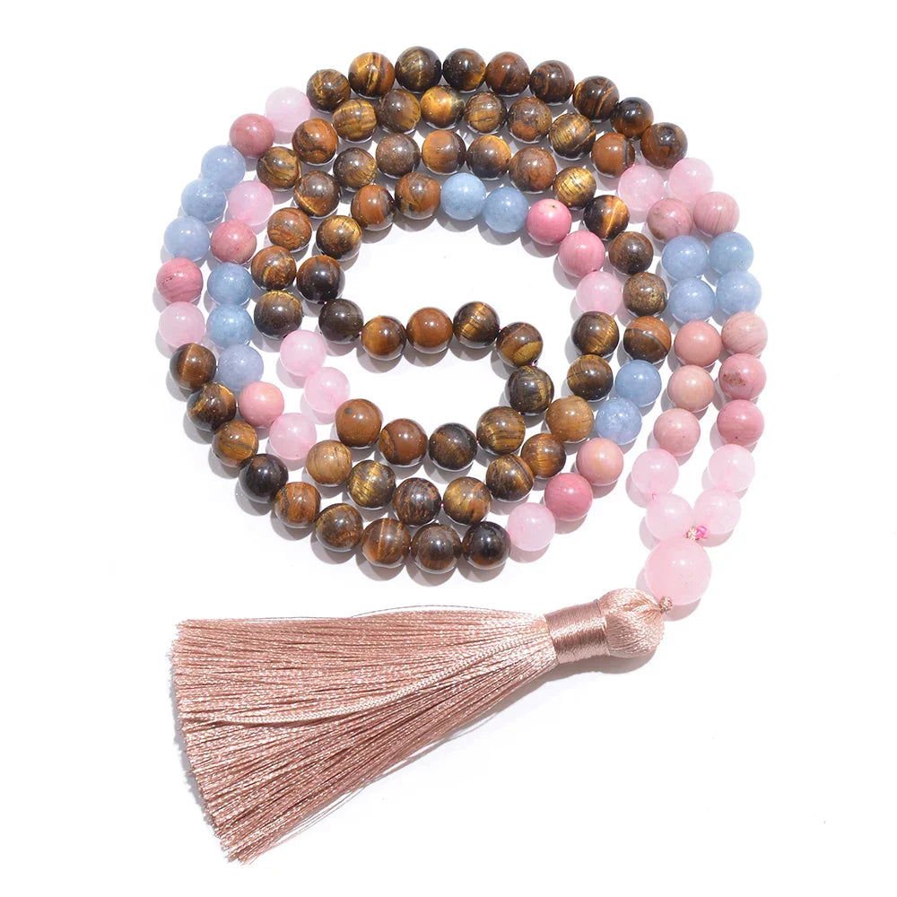 Mala 108 - Bead Tiger Eye, Rose Quartz & Aquamarine Mala Necklace or Mala & Bracelet Set - Serenity Factory