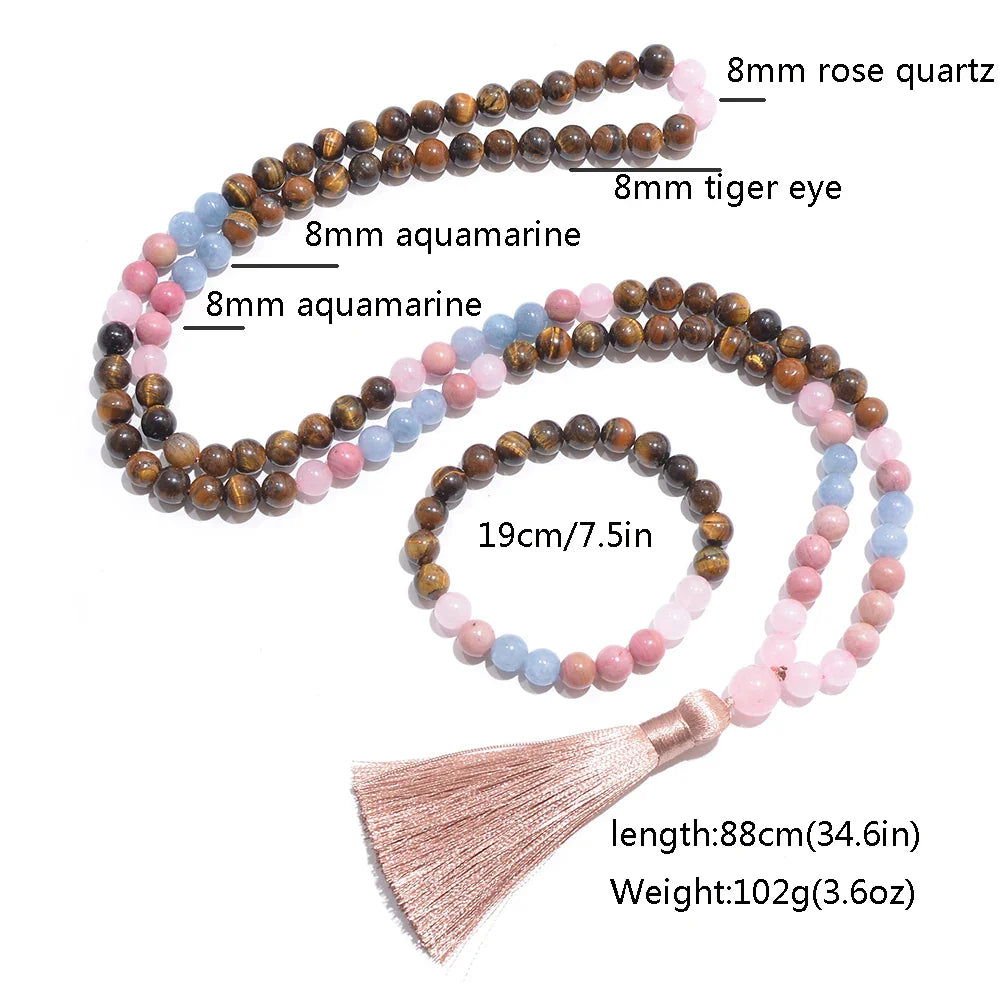 Mala 108 - Bead Tiger Eye, Rose Quartz & Aquamarine Mala Necklace or Mala & Bracelet Set - Serenity Factory