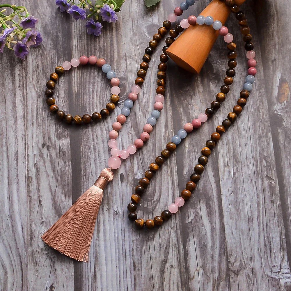 Mala 108 - Bead Tiger Eye, Rose Quartz & Aquamarine Mala Necklace or Mala & Bracelet Set - Serenity Factory