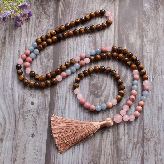 Mala 108 - Bead Tiger Eye, Rose Quartz & Aquamarine Mala Necklace or Mala & Bracelet Set - Serenity Factory