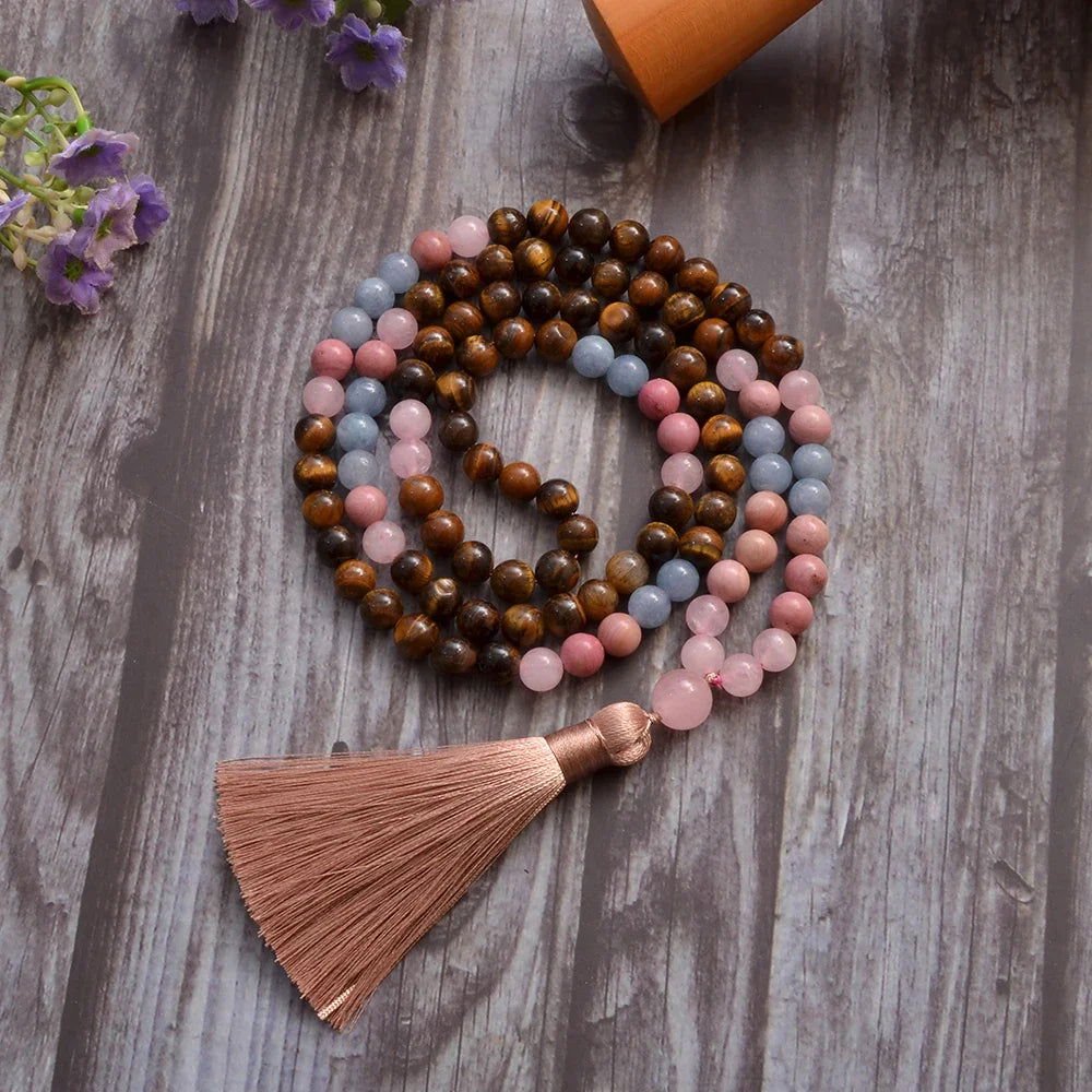 Mala 108 - Bead Tiger Eye, Rose Quartz & Aquamarine Mala Necklace or Mala & Bracelet Set - Serenity Factory