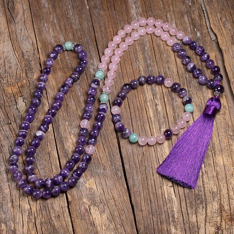 Mala 108 Beads of Amethyst, Rose Quartz, Amazonite ~ Bracelet or Set - Serenity Factory