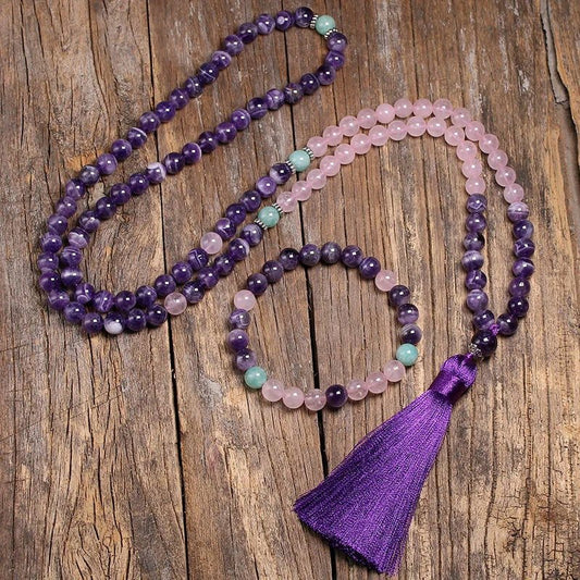 Mala 108 Beads of Amethyst, Rose Quartz, Amazonite ~ Bracelet or Set - Serenity Factory