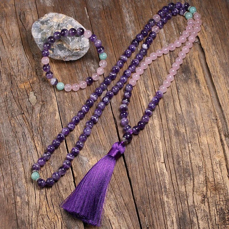 Mala 108 Beads of Amethyst, Rose Quartz, Amazonite ~ Bracelet or Set - Serenity Factory