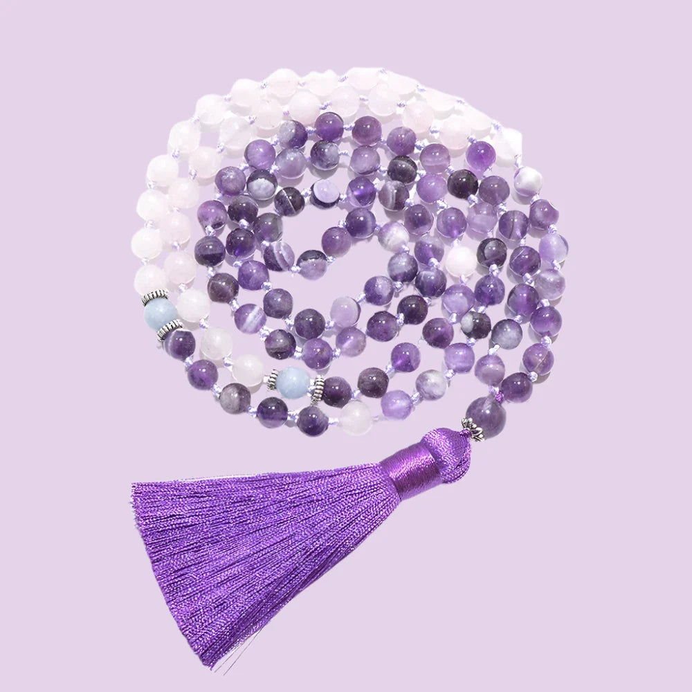 Mala 108 knotted beads of Amethyst, Rose Quartz & Aquamarine for heart - centered meditation - Serenity Factory