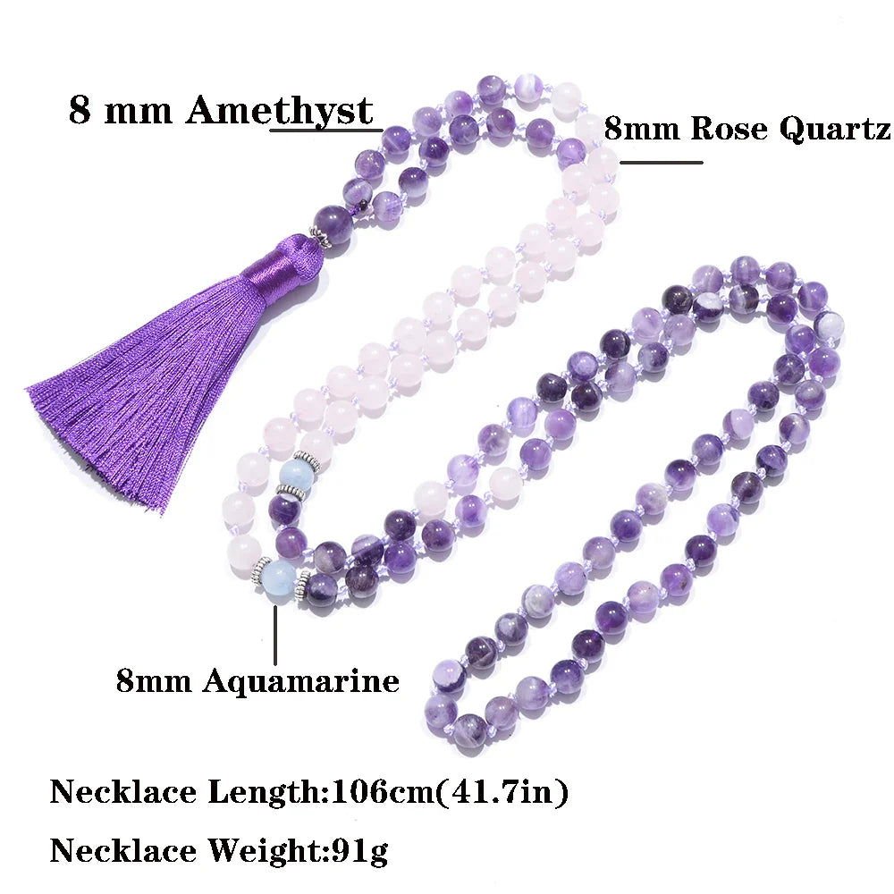 Mala 108 knotted beads of Amethyst, Rose Quartz & Aquamarine for heart - centered meditation - Serenity Factory