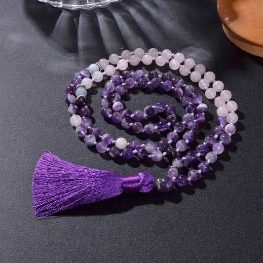 Mala 108 knotted beads of Amethyst, Rose Quartz & Aquamarine for heart - centered meditation - Serenity Factory