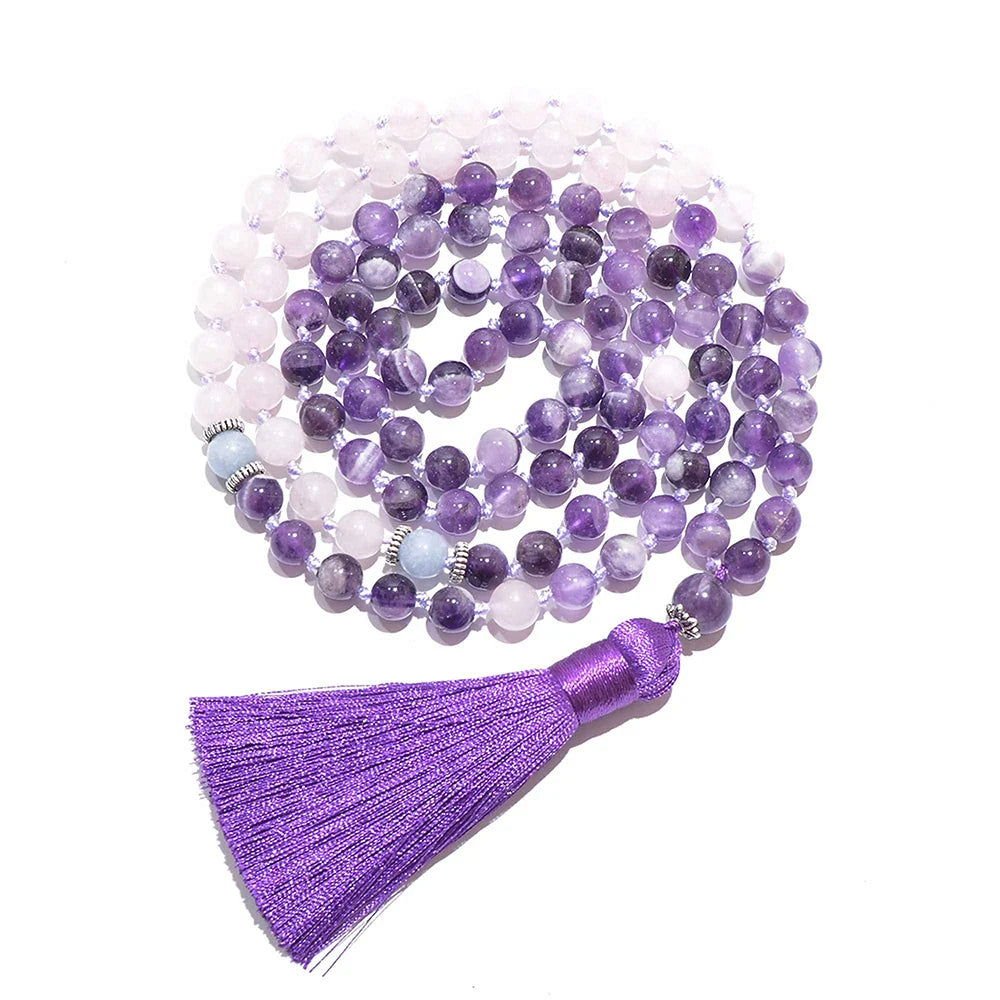 Mala 108 knotted beads of Amethyst, Rose Quartz & Aquamarine for heart - centered meditation - Serenity Factory