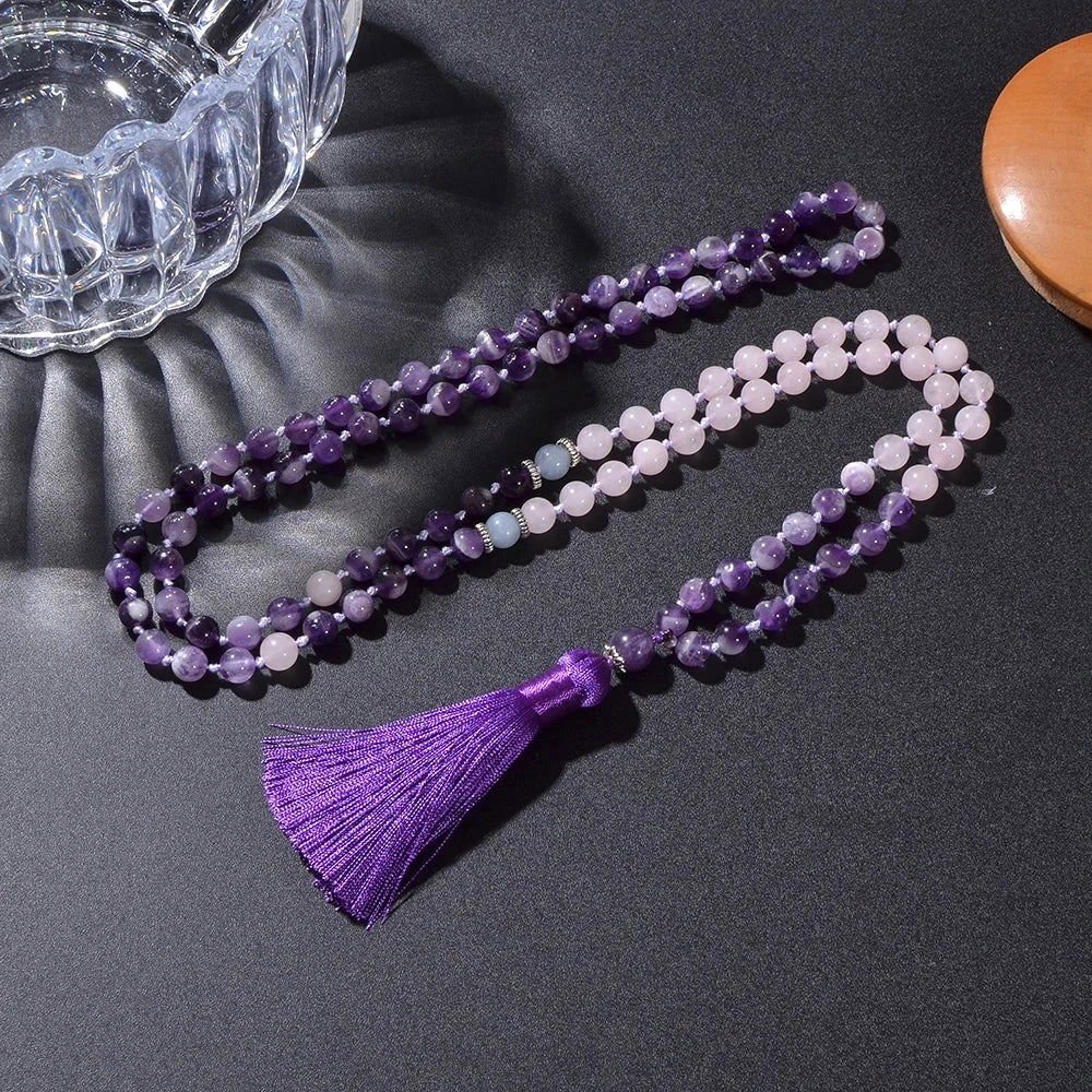 Mala 108 knotted beads of Amethyst, Rose Quartz & Aquamarine for heart - centered meditation - Serenity Factory