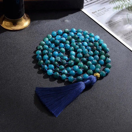 Mala Blue Apatite, 108 Hand - Knotted with Bracelet Set. - Serenity Factory