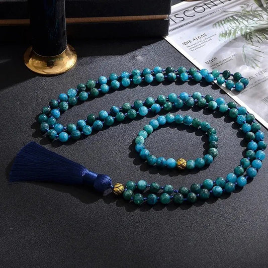 Mala Blue Apatite, 108 Hand - Knotted with Bracelet Set. - Serenity Factory
