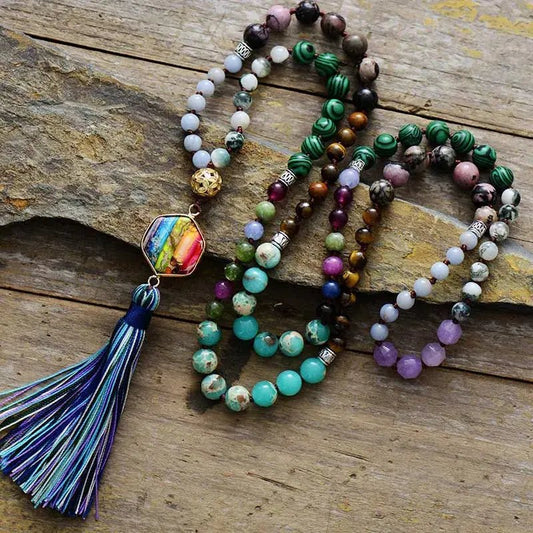 Mala Hand - knotted in Multi - gemstones with Rainbow Pendant - Serenity Factory