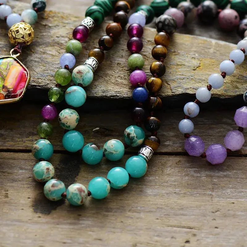 Mala Hand - knotted in Multi - gemstones with Rainbow Pendant - Serenity Factory