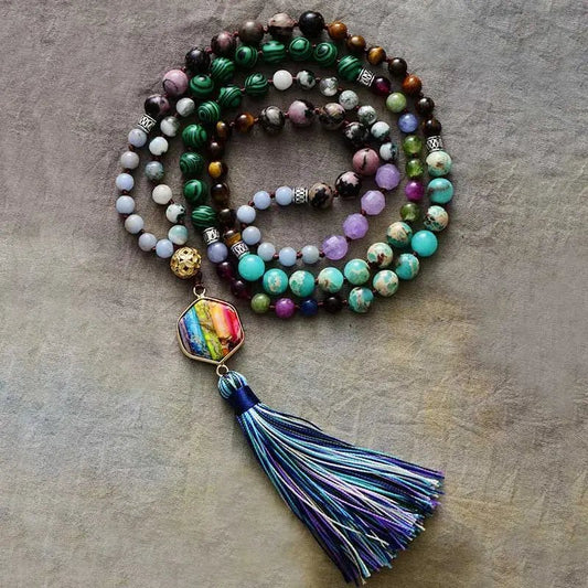 Mala Hand - knotted in Multi - gemstones with Rainbow Pendant - Serenity Factory