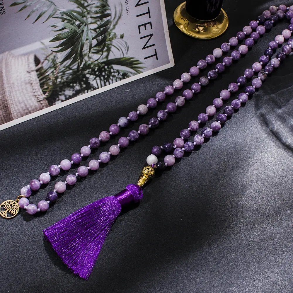 Mala Lepidolite Hand - Knotted Necklace with Deep Violet Tassel - Serenity Factory