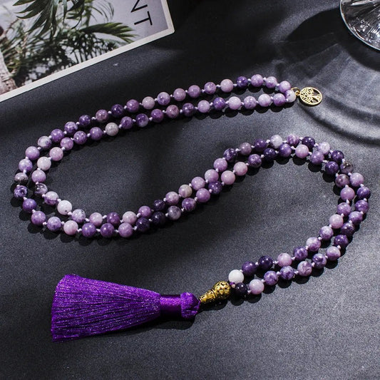 Mala Lepidolite Hand - Knotted Necklace with Deep Violet Tassel - Serenity Factory