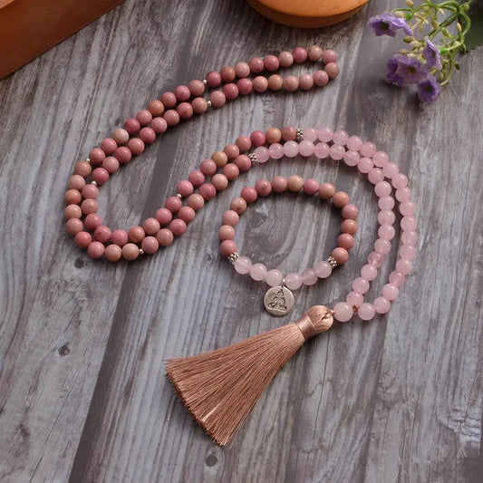 Mala – Rose Quartz & Rhodocrosite with Buddha Charm and Blush Tassel - Serenity Factory