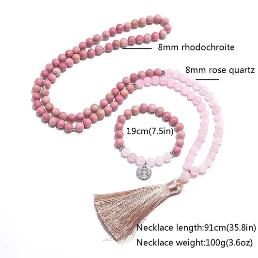 Mala – Rose Quartz & Rhodocrosite with Buddha Charm and Blush Tassel - Serenity Factory