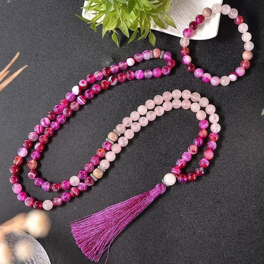 Pretty in Pink Mala & Bracelet Set - Pink Agate, Rose Quartz & Rhodonite - Serenity Factory