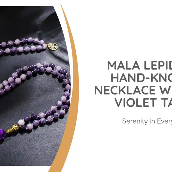 Mala in Lepidolite, Hand-Knotted Necklace with Deep Violet Tassel 