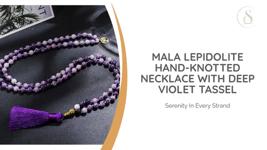 Mala in Lepidolite, Hand-Knotted Necklace with Deep Violet Tassel 