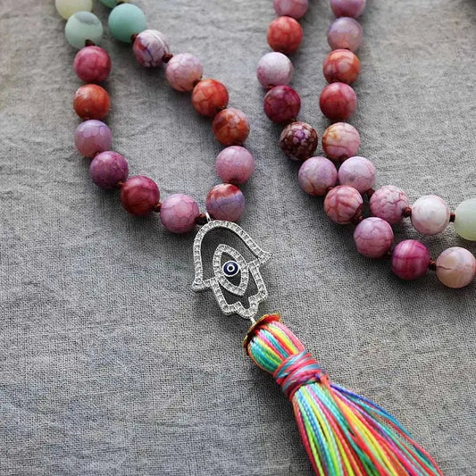 Protective Mala: Colorful Hamsa & Evil Eye Charm - Serenity Factory