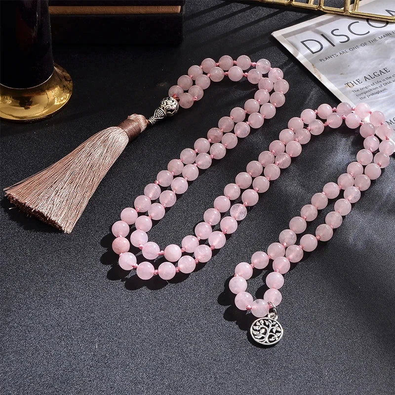 Rose Quartz Mala 108 - Bead Knotted Mala with Tree of Life Charm - Serenity Factory