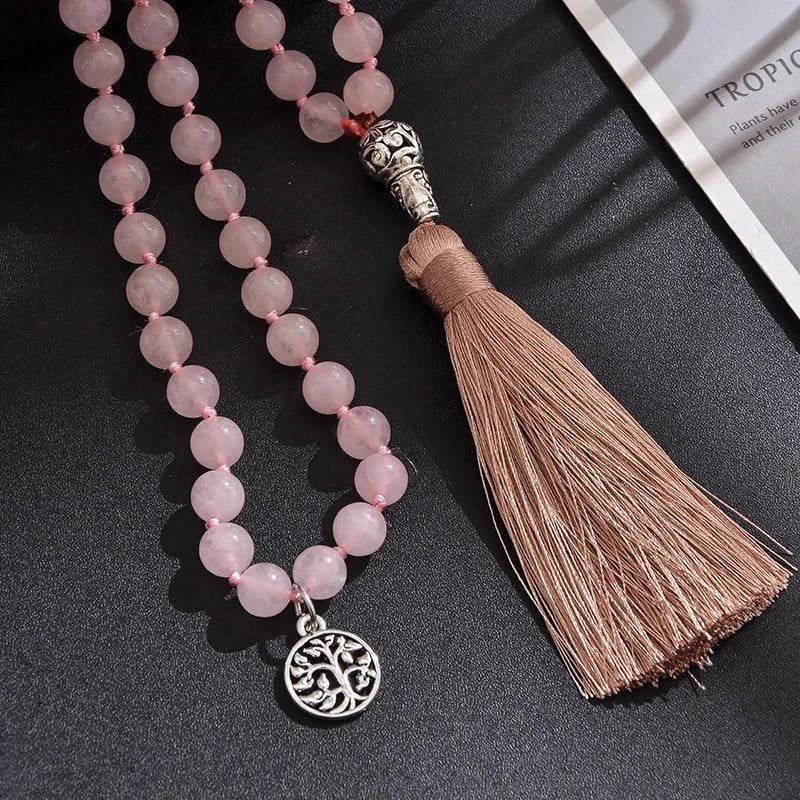 Rose Quartz Mala 108 - Bead Knotted Mala with Tree of Life Charm - Serenity Factory