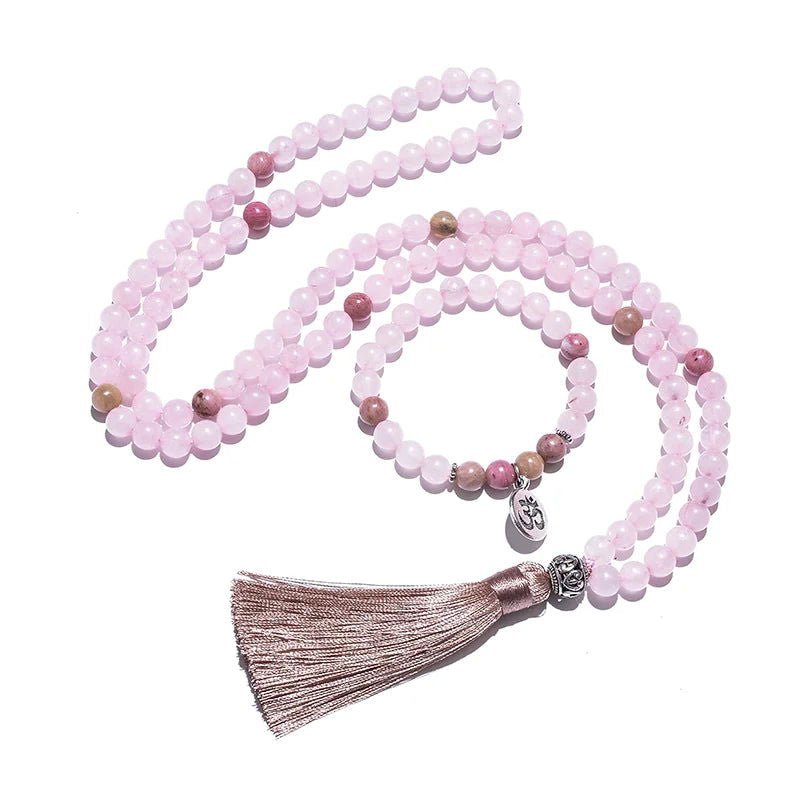 Rose Quartz Rhodonite 108 beads Mala, or Mala Bracelet Set with Om Charm - Serenity Factory