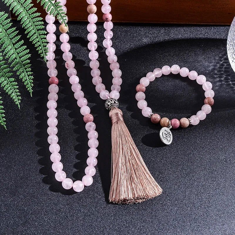 Rose Quartz Rhodonite 108 beads Mala, or Mala Bracelet Set with Om Charm - Serenity Factory