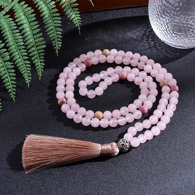 Rose Quartz Rhodonite 108 beads Mala, or Mala Bracelet Set with Om Charm - Serenity Factory