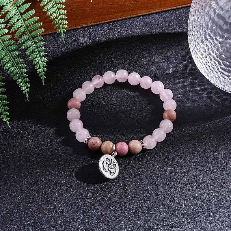 Rose Quartz Rhodonite 108 beads Mala, or Mala Bracelet Set with Om Charm - Serenity Factory