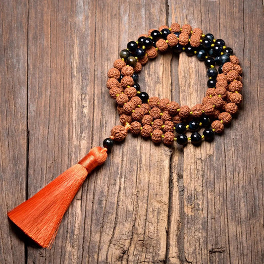 Sacred Mala Genuine Rudraksha + Healing Gemstones. Hand - Knotted. - Serenity Factory