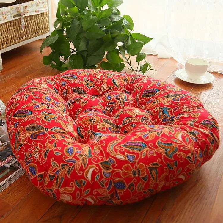 Thick Round Cotton Linen Floor Cushion – Ethnic Fabric Tatami Yoga Mat - Serenity Factory