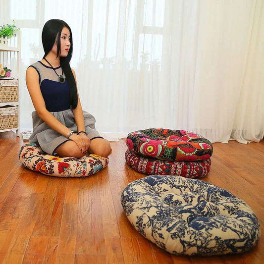 Thick Round Cotton Linen Floor Cushion – Ethnic Fabric Tatami Yoga Mat - Serenity Factory