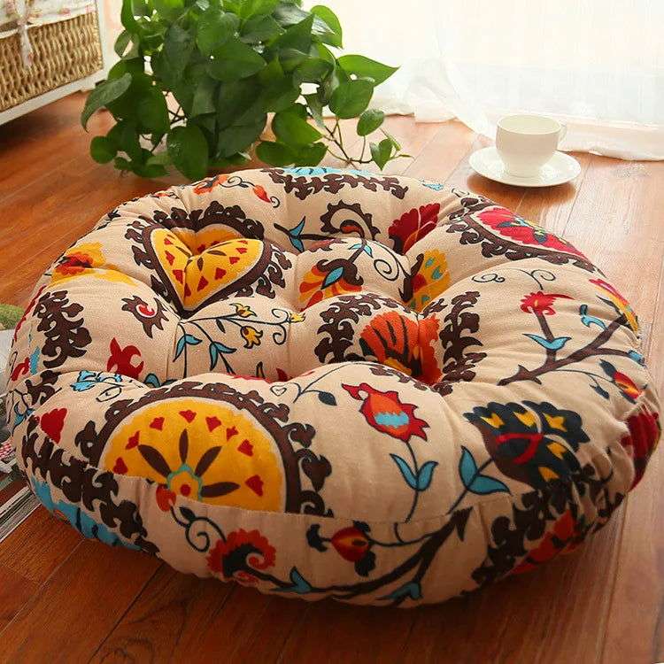 Thick Round Cotton Linen Floor Cushion – Ethnic Fabric Tatami Yoga Mat - Serenity Factory